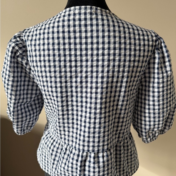 Vigoss Blue and White Gingham Seersucker Open Tie Front Blouse Medium - Picture 5 of 8